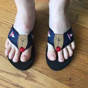 Eliza B flip flops in nautical flags Navy and red